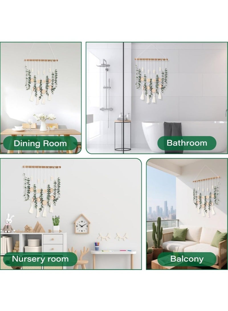 عش الحضري معلق حائطي من المكرميه لعرض الصور، ومنظم لبطاقات الصور وإكسسوارات الشعر مع كرات من الخوص على شكل أوراق، ديكور حائطي يدوي من النباتات الطبيعية على طراز بوهو، هدية - Image 5